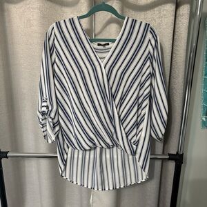 West Kei Blue and White Striped V-Neck Blouse